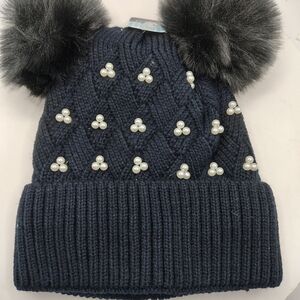 Black Kids Pom Pom Beanie with Pearls